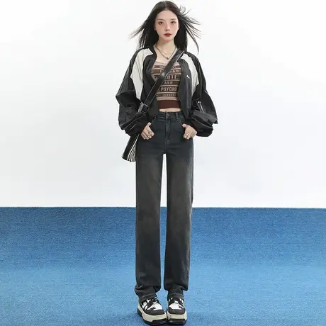水泥灰高腰直筒牛仔裤女秋冬2023年新款复古显瘦窄版阔腿烟管裤子图片