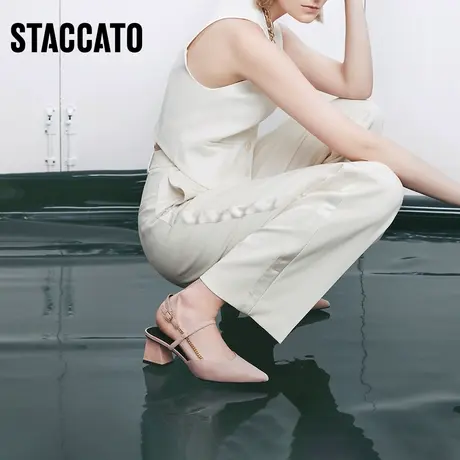 思加图新款尖头粗跟凉鞋通勤凉鞋优雅绒面女鞋子9PV80AH2图片