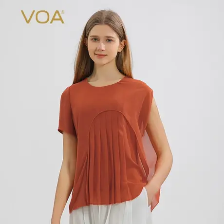 VOA30姆米重磅桑蚕丝红色圆领不对称短袖风琴褶拼接清爽真丝T恤女图片