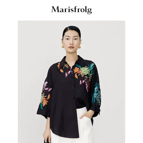 【6A级桑蚕丝】玛丝菲尔衬衫夏季新款落肩七分袖直身花稿衬衣商品大图