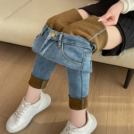 加绒加厚牛仔裤女2023冬季新款高腰修身显瘦紧身小脚靴裤铅笔裤子商品大图