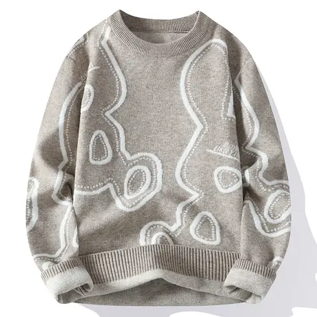 圆领毛衣2023秋冬季美式潮牌针织羊毛衫保暖提花加厚打底衫男线衣商品大图