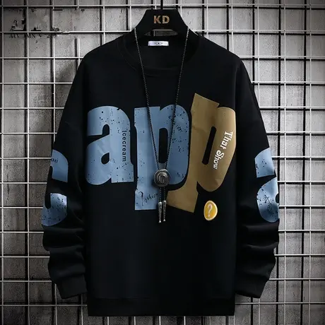 圆领卫衣男长袖t恤春秋季潮流ins青少年男士宽松大字母印花上衣服商品大图