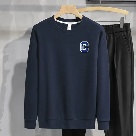 华夫格圆领卫衣男2024新款秋季长袖t恤宽松潮流百搭套头无帽上衣商品大图