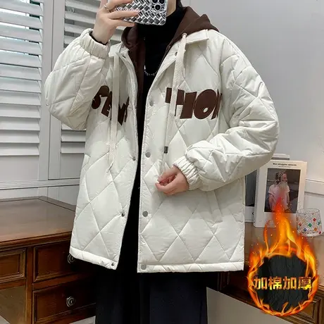 秋冬季青少年菱格保暖连帽棉服帅气男孩字母加棉加厚外套大童棉衣商品大图