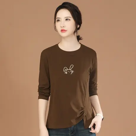 韩潮袭人圆领长袖t恤女2024春装新款黑色打底衫褶皱上衣大码内搭图片