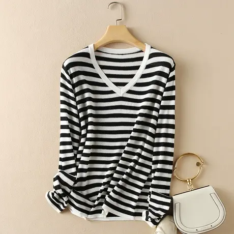 美丽诺羊毛春装2024新款毛衣女宽松V领套头针织打底衫女内搭上衣图片