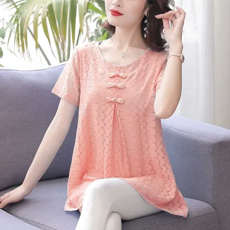 中长款蕾丝打底衫女装夏季2023新款宽松短袖中年妈妈大码遮肚上衣图片