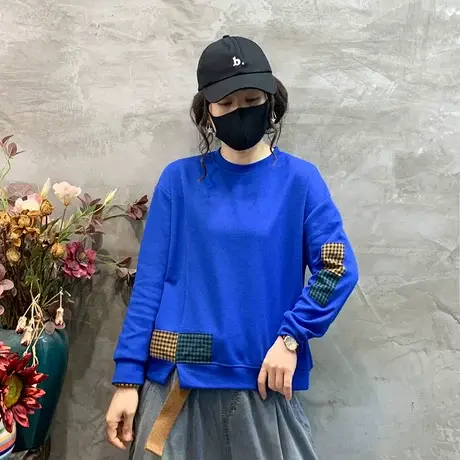 卫衣女2023春秋新款长袖宽松套头拼接格子上衣大码宽松休闲文艺潮商品大图