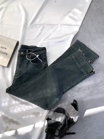 韩版2023秋冬新款加绒加厚牛仔直筒裤高腰显瘦修身九分保暖烟管裤商品大图