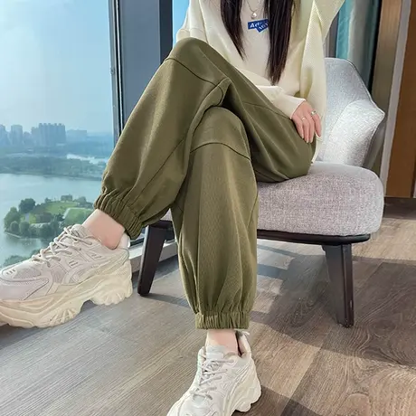 绿色束脚运动裤女哈伦裤子春秋新款高腰宽松卫裤小个子休闲灯笼裤图片
