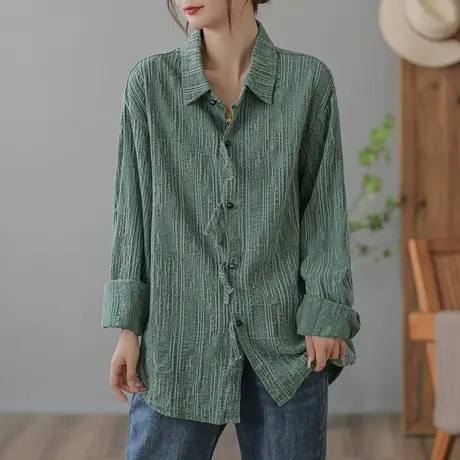 dza 复古做旧亚麻上衣女士长袖衬衫2023春秋新款宽松休闲棉麻衬衣图片