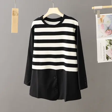 2024新款春秋条纹上衣女宽松大码中长款圆领T恤长袖打底衫上衣潮商品大图