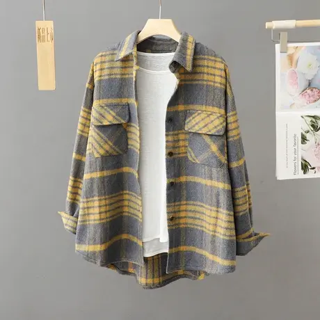 磨毛加厚毛呢格子衬衫外套女2024秋冬季新款港风复古大版宽松上衣图片