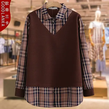 中年妈妈春秋假两件上衣200斤大码宽松时尚洋气格子拼接长袖T恤女商品大图