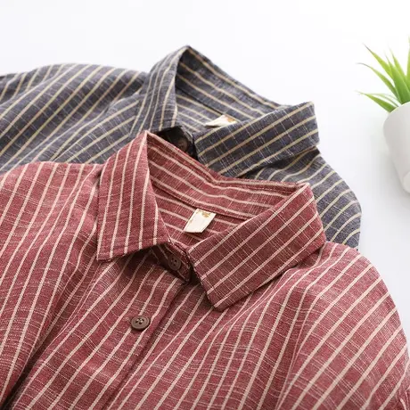 2020秋季新款复古棉麻中长款显瘦条纹衬衫女韩版长袖宽松衬衣外套图片