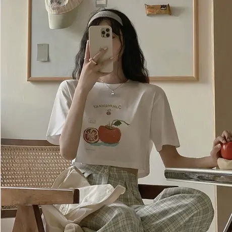 白色t恤女修身夏季2024年新款性感短款短袖ins潮高腰露脐紧身上衣图片