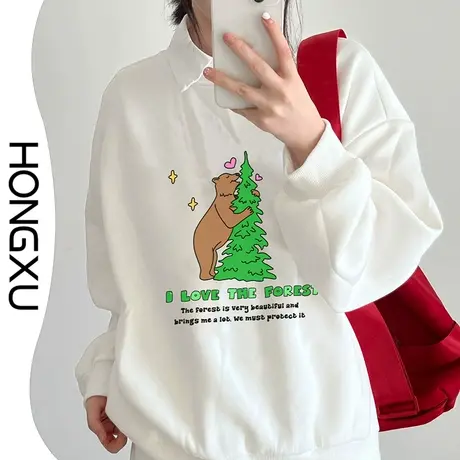 红续圣诞款小熊印花卫衣无帽2023小个子美式简约上衣加厚宽松显瘦图片