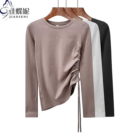 秋冬新款圆领修身显瘦开叉纯欲纯棉纯色抽绳长袖体恤上衣女打底衫商品大图