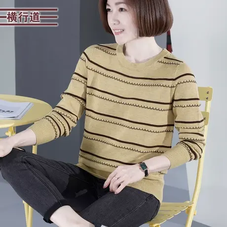 针织衫春装新款上衣圆领条纹宽松大码中年妈妈长袖羊毛衣女装上衣商品大图