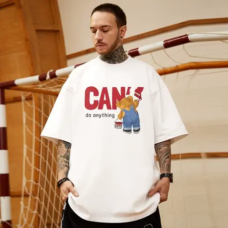 摩严白色小熊大码短袖T恤情侣半袖宽松加肥加大码男装潮流打底衫图片