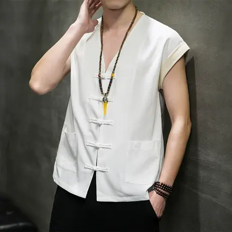 夏季中国风棉麻男背心盘扣中式民族服装复古透气无袖马甲宽松衣服商品大图