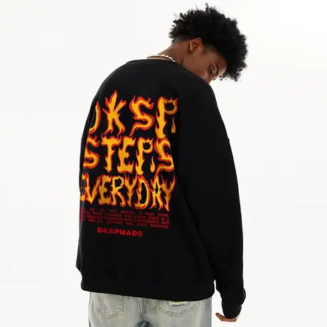 美式西海岸大码套头火焰字母卫衣潮牌男潮国潮春秋款加肥加大上衣图片