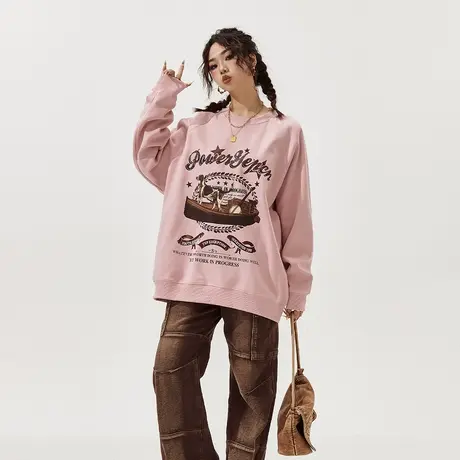YEP脏粉色美式复古圆领卫衣女春秋款2025新款潮牌宽松bm无帽上衣图片