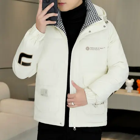 冬季潮牌连帽棉衣外套男千鸟格加厚羽绒棉服男款潮流保暖百搭袄子商品大图