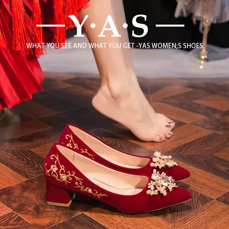 婚鞋女新娘鞋不累脚结婚鞋中式禾秀婚纱两穿红色高跟鞋小众高级感图片