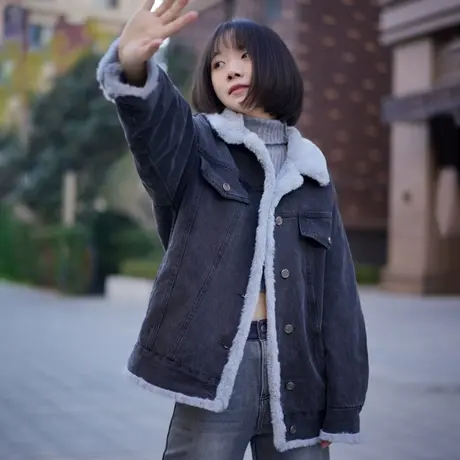 加厚加绒毛绒牛仔外套女冬季2023新款爆款高级感超好看小个子黑色商品大图