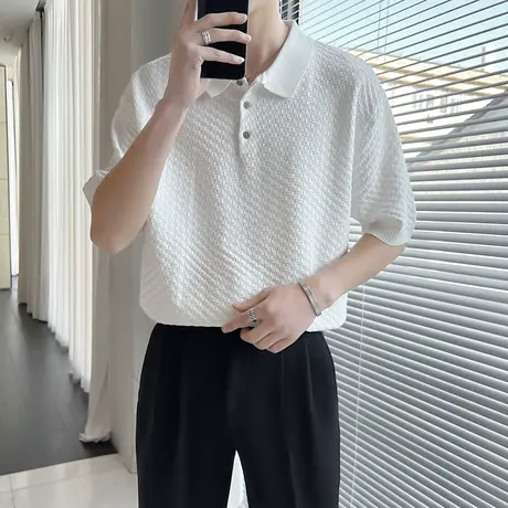 夏季翻领针织Polo衫短袖T恤ins潮牌男上衣2023新款痞帅夏装半截袖商品大图