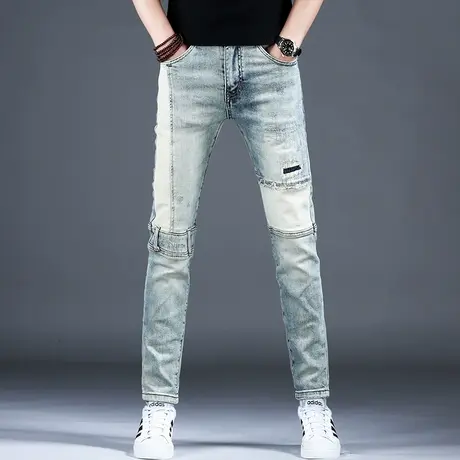 男士新款拼接破洞牛仔裤男款复古拼色修身个性小脚裤子2023四季款图片