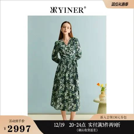 【柔润真丝】YINER音儿女装2023秋季显瘦系带印花连衣裙图片