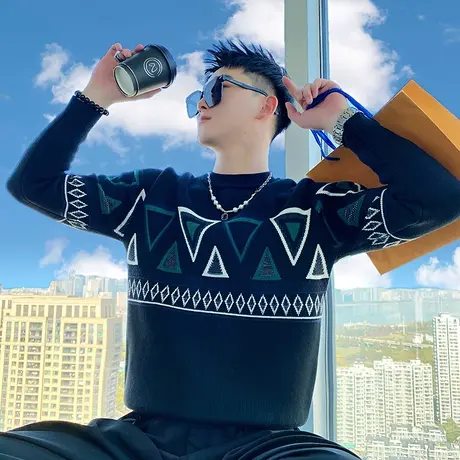 毛衣男冬季2023新款潮牌重磅加厚复古休闲菱形花色线衣针织打底衫商品大图