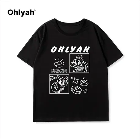Ohlyah2024春夏新款小龙印花男女同款纯棉圆领短袖T恤学院风定制图片