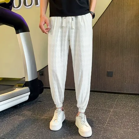 夏季男士休闲裤九分裤裤子宽松潮流冰丝薄款运动卫裤菱形格束腿裤商品大图