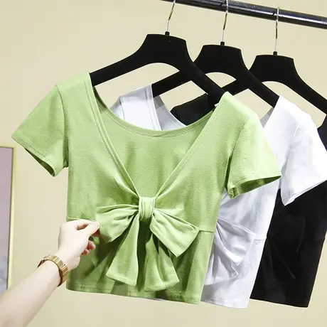 牛油果绿色短袖t恤女2024夏新款蝴蝶结绑带小众心机漏腰露背上衣商品大图