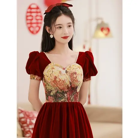 敬酒服新娘订婚礼服女夏季法式小个子婚礼红色连衣裙泡泡袖中长款商品大图