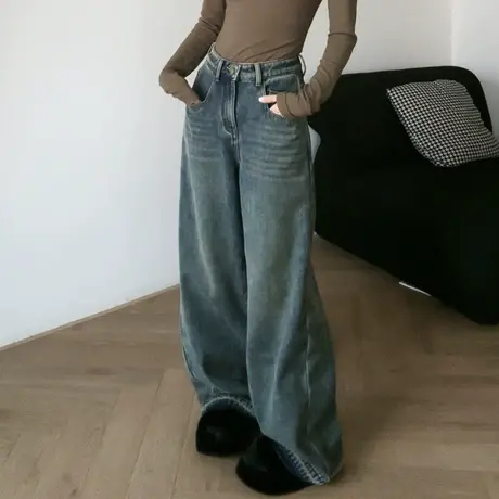 尔给复古加厚牛仔裤女2023年新款秋冬款裤子小个子直筒宽松阔腿裤商品大图