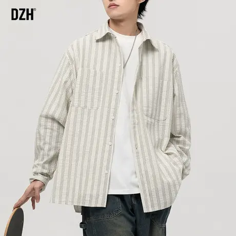 男士春日条纹衬衫男长袖痞帅外套男款2024年春季新款上衣休闲衬衣商品大图