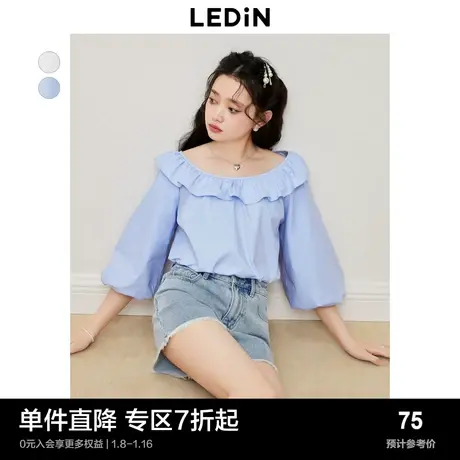 乐町气质花边领上衣夏季女装荷叶领短款温柔甜美中袖衬衫图片