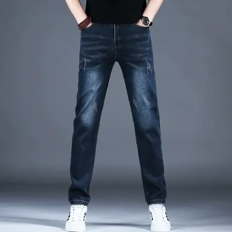 男士直筒修身牛仔裤男款2024新款蓝色春季宽松裤子潮流男刮烂长裤商品大图