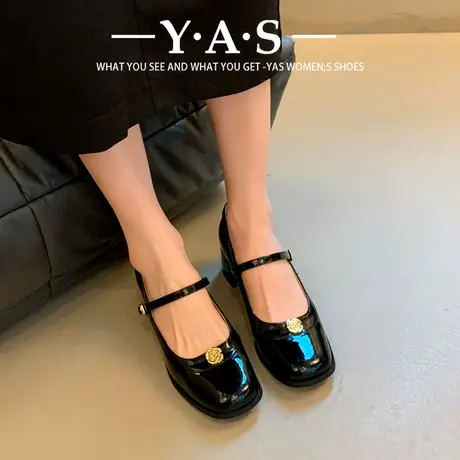 法式复古玛丽珍鞋女高跟鞋漆皮山茶花粗跟扣带单鞋赫本风jk小皮鞋图片