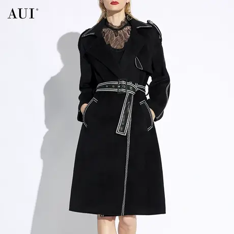 AUI高级感撞色翻领毛呢外套女2023秋冬新款御姐气质黑色呢子大衣图片