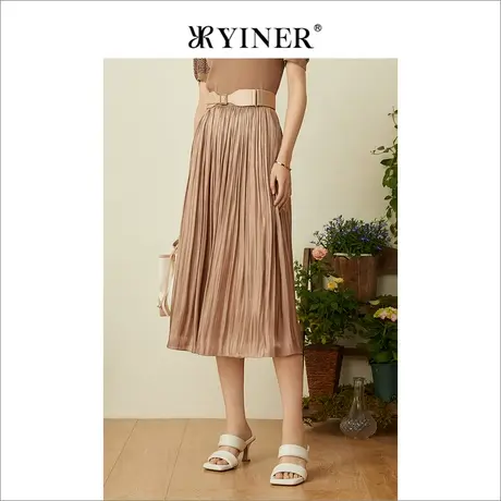 YINER音儿女装2022夏季新款时尚亮面百褶过膝半身裙图片