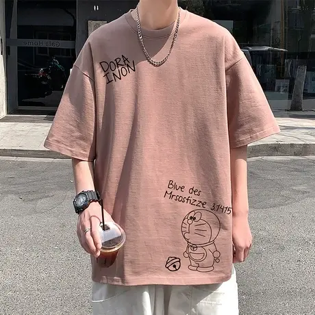 多啦A梦宽松纯棉短袖t恤男夏季潮牌2025新款半袖港风复古体恤衣服商品大图