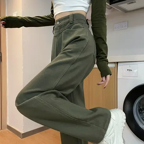 窄版直筒牛仔裤女2024春秋新款高腰梨形身材军绿色宽松显瘦阔腿裤商品大图