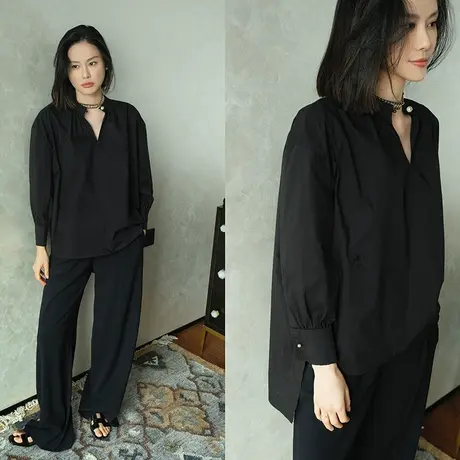 2024春夏新款立领单珍珠扣慵懒风上衣  宽松简约小蜜蜂长袖衬衣女图片