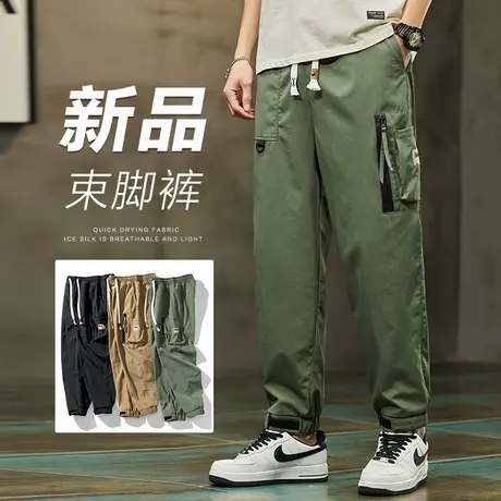 夏天军绿色男士冰丝休闲裤子工装夏季薄款男生松紧腰潮牌哈伦男裤商品大图